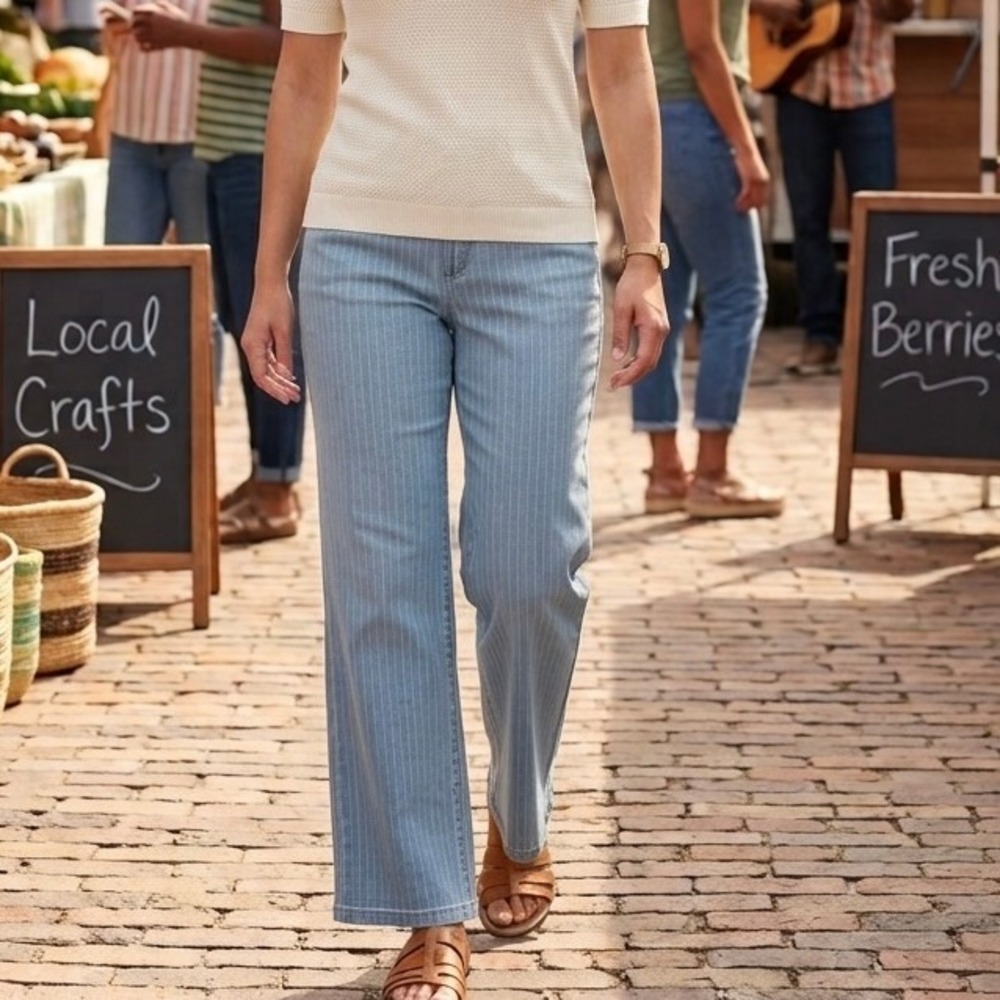 NYDJ Relaxed Straight Pinstripe Lyocell Pants Blue‎ White Stripe Womens 10P